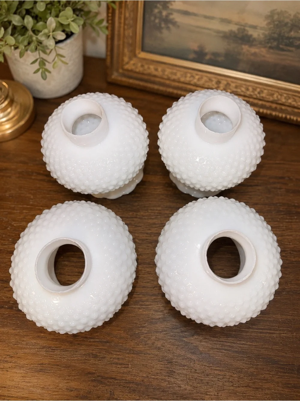 Set of 4 Vintage White Milk Glass Hobnail Lamp Shades Globes Scalloped Rim